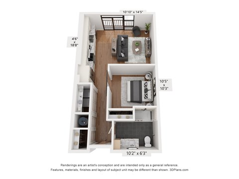 Floor plan for studio, 1 bath, 654 sqft